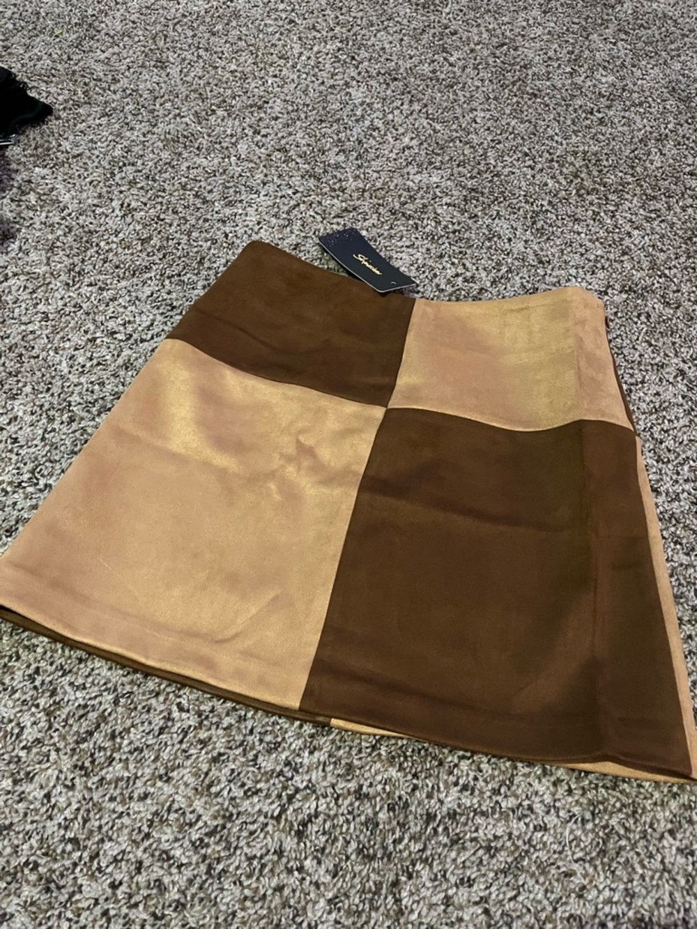 Shinestar Two-Tone Patchwork Mini Skirt in Brown & Tan